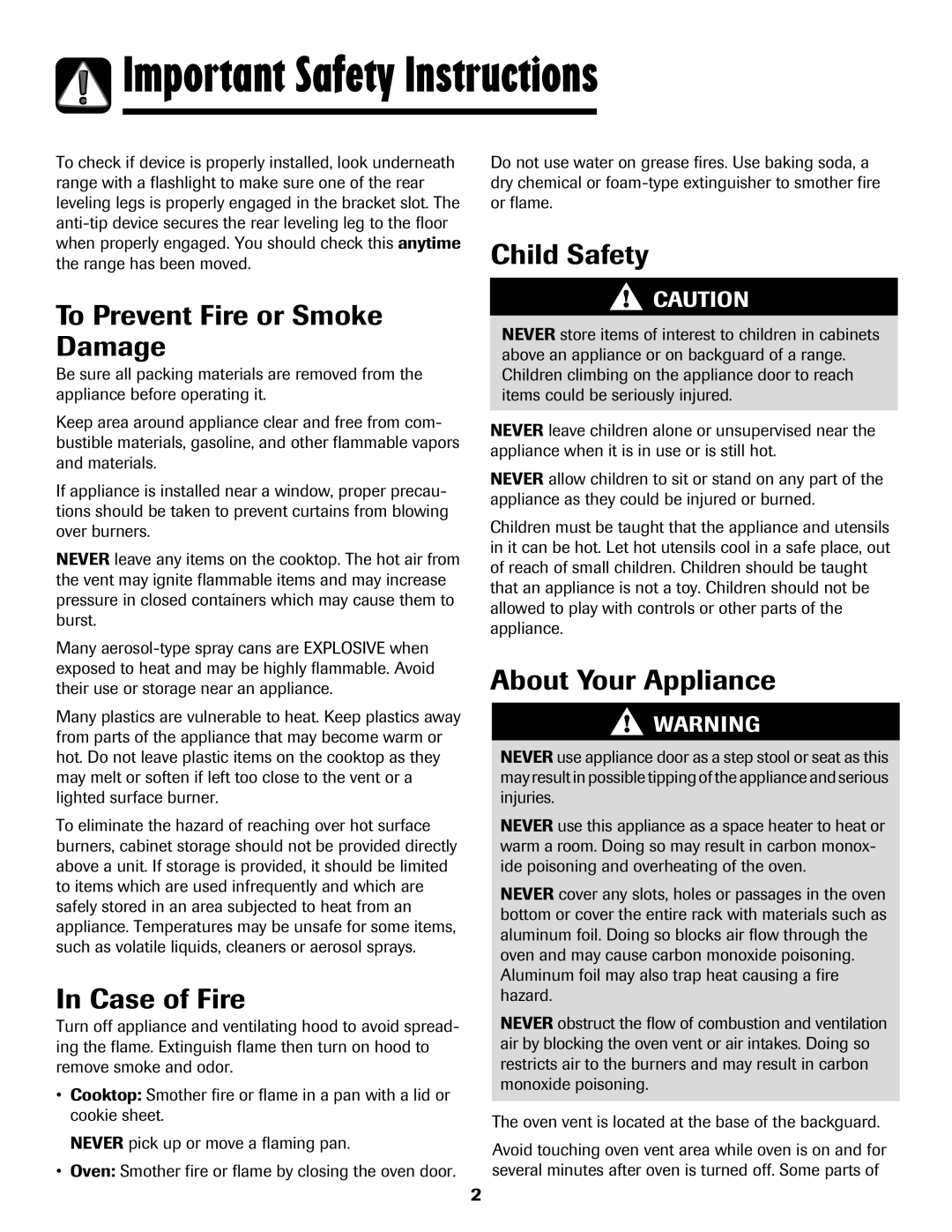 Maytag 700 manual Important Safety Instructions, To Prevent Fire or Smoke Damage, Case of Fire, Child Safety 