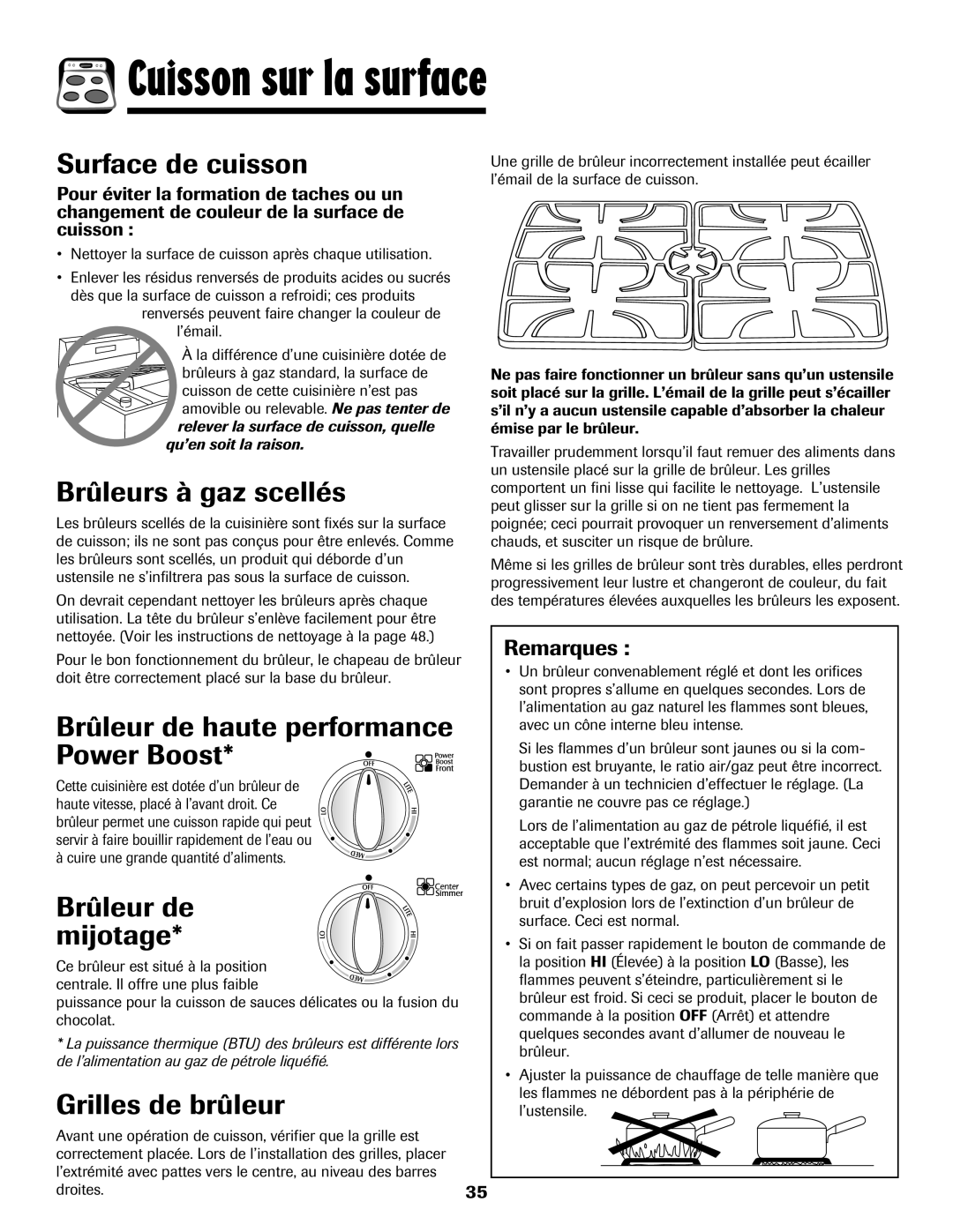 Maytag 700 manual Surface de cuisson, Brûleurs à gaz scellés, Brûleur de haute performance Power Boost, Brûleur de mijotage 