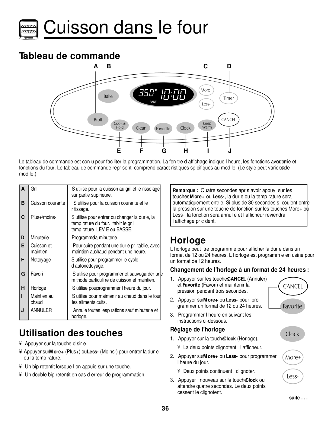 Maytag 700 manual Cuisson dans le four, Tableau de commande, Horloge, Utilisation des touches 