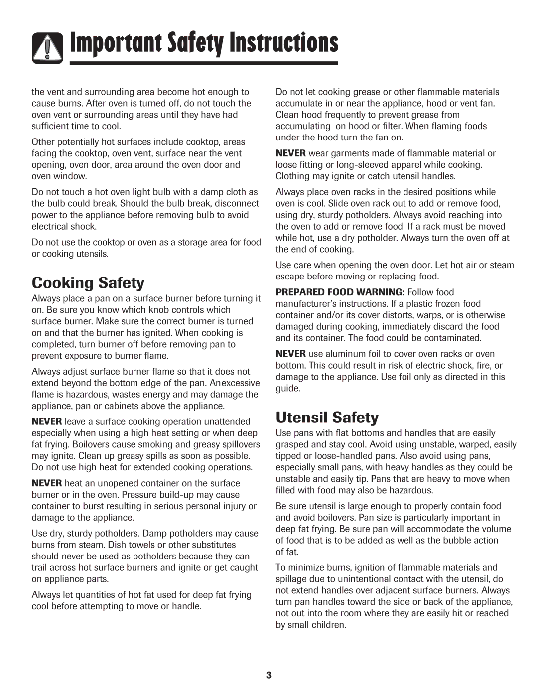 Maytag 700 manual Cooking Safety, Utensil Safety 