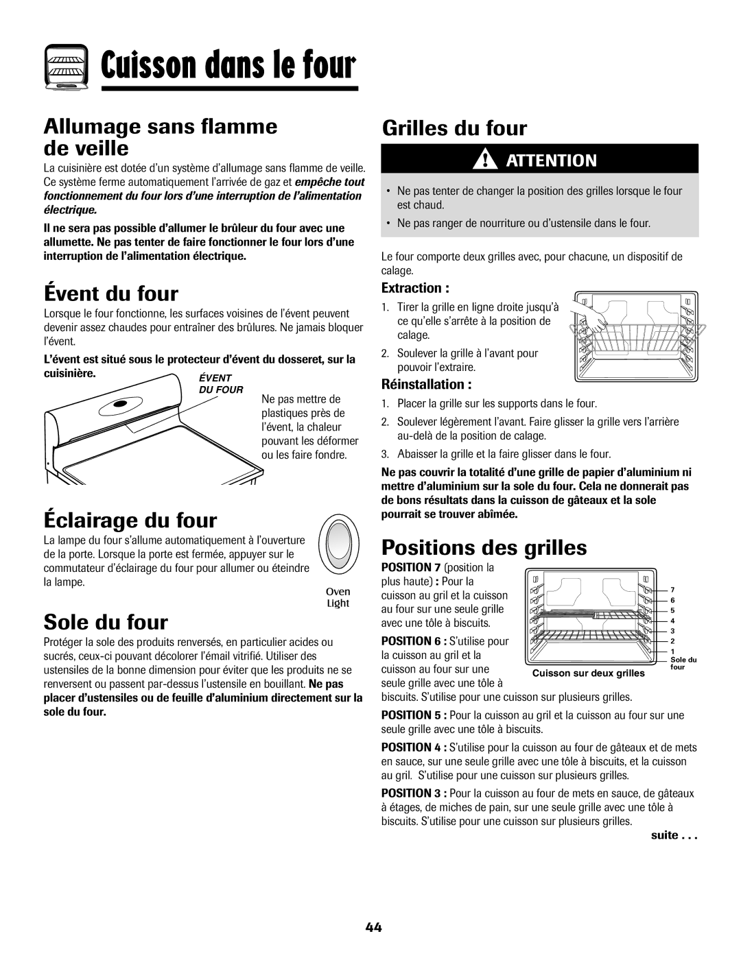 Maytag 700 manual Allumage sans flamme de veille, Évent du four, Éclairage du four, Sole du four, Grilles du four 