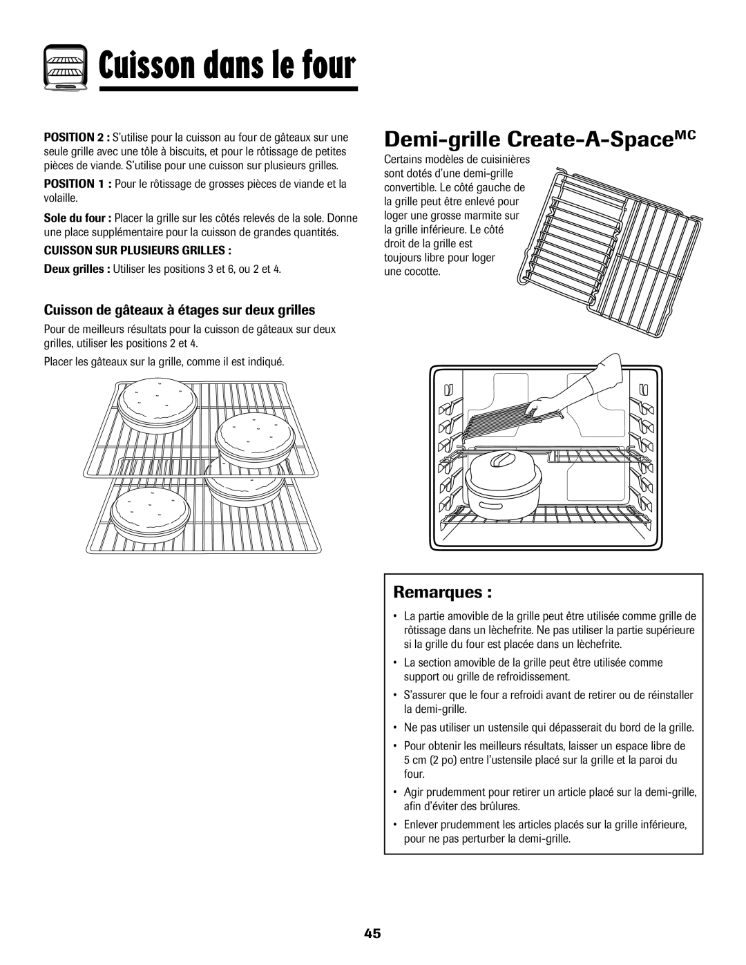 Maytag 700 manual Demi-grille Create-A-SpaceMC, Cuisson de gâteaux à étages sur deux grilles 