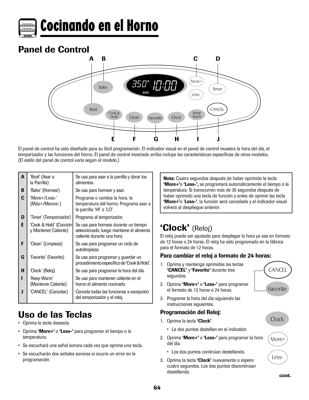 Maytag 700 manual Cocinando en el Horno, Panel de Control, ‘Clock’ Reloj, Uso de las Teclas 