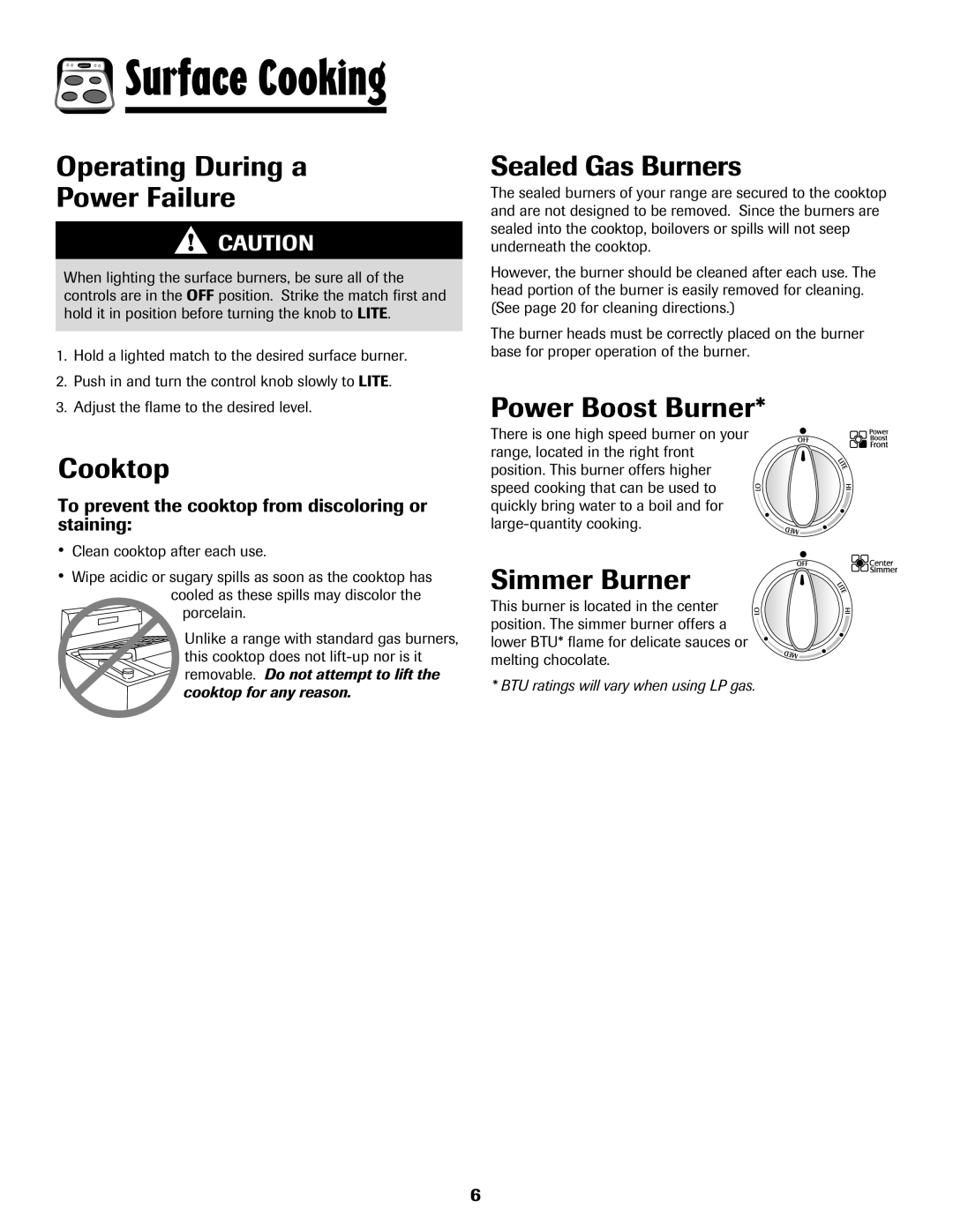 Maytag 700 manual Operating During a Power Failure, Cooktop, Sealed Gas Burners, Power Boost Burner, Simmer Burner 