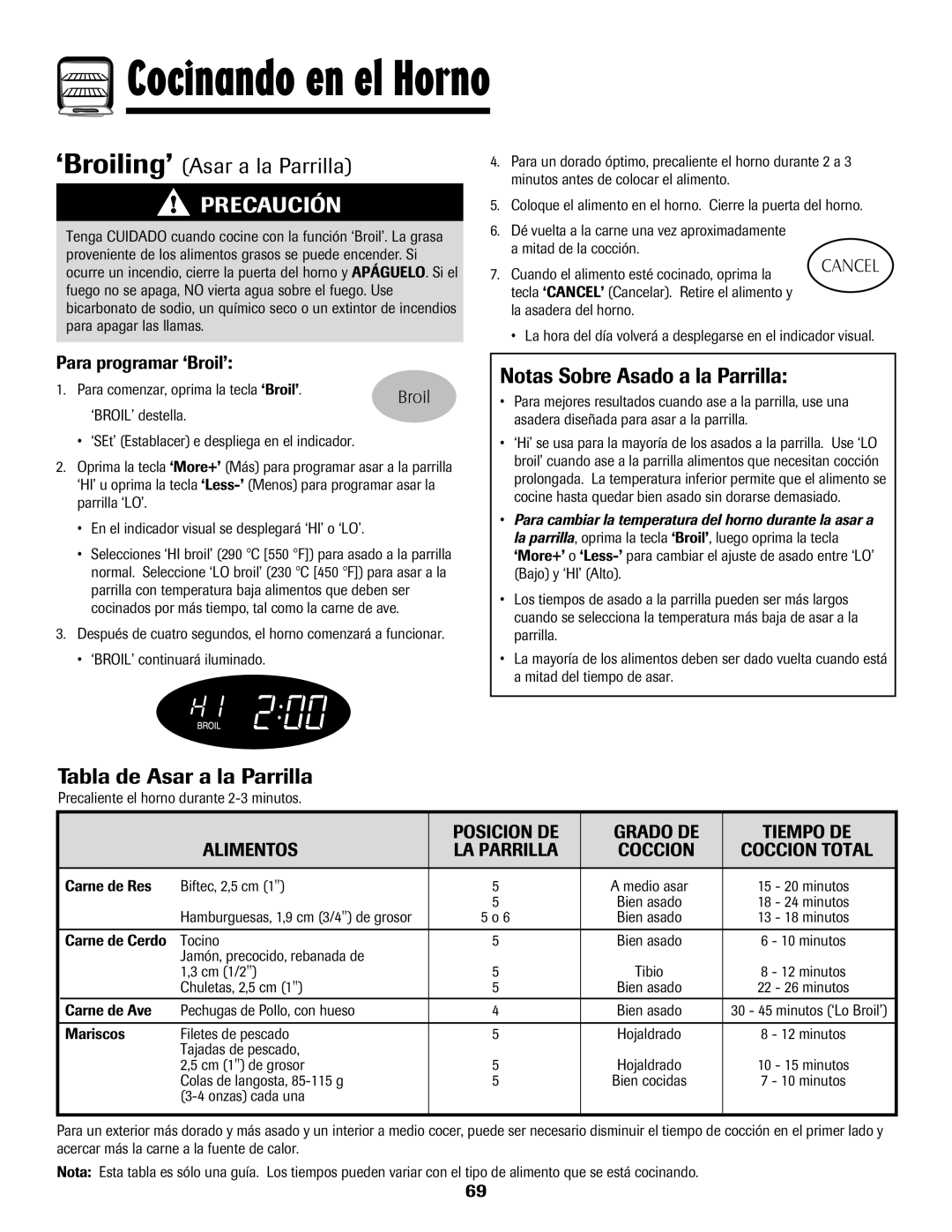 Maytag 700 manual ‘Broiling’ Asar a la Parrilla, Notas Sobre Asado a la Parrilla, Tabla de Asar a la Parrilla 