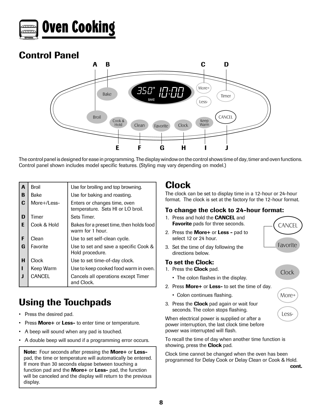 Maytag 700 manual Oven Cooking, Control Panel, Using the Touchpads, Clock, Bc D G H I J 