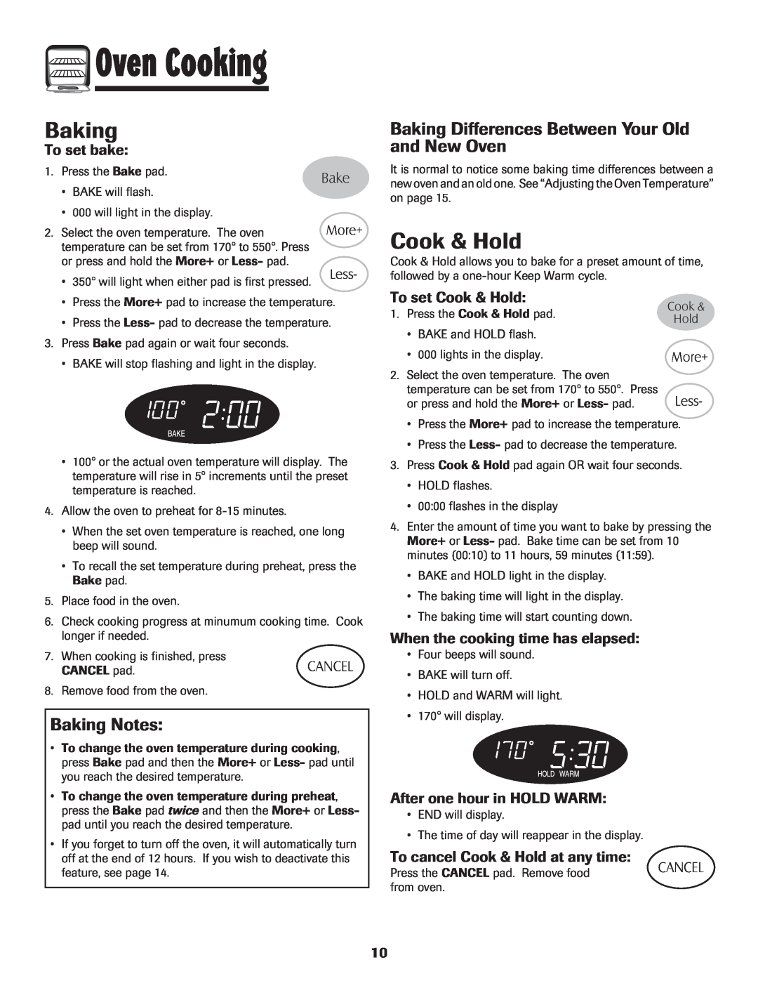 Maytag 700 Cook & Hold, Baking Notes, Baking Differences Between Your Old and New Oven, To set bake, Oven Cooking 