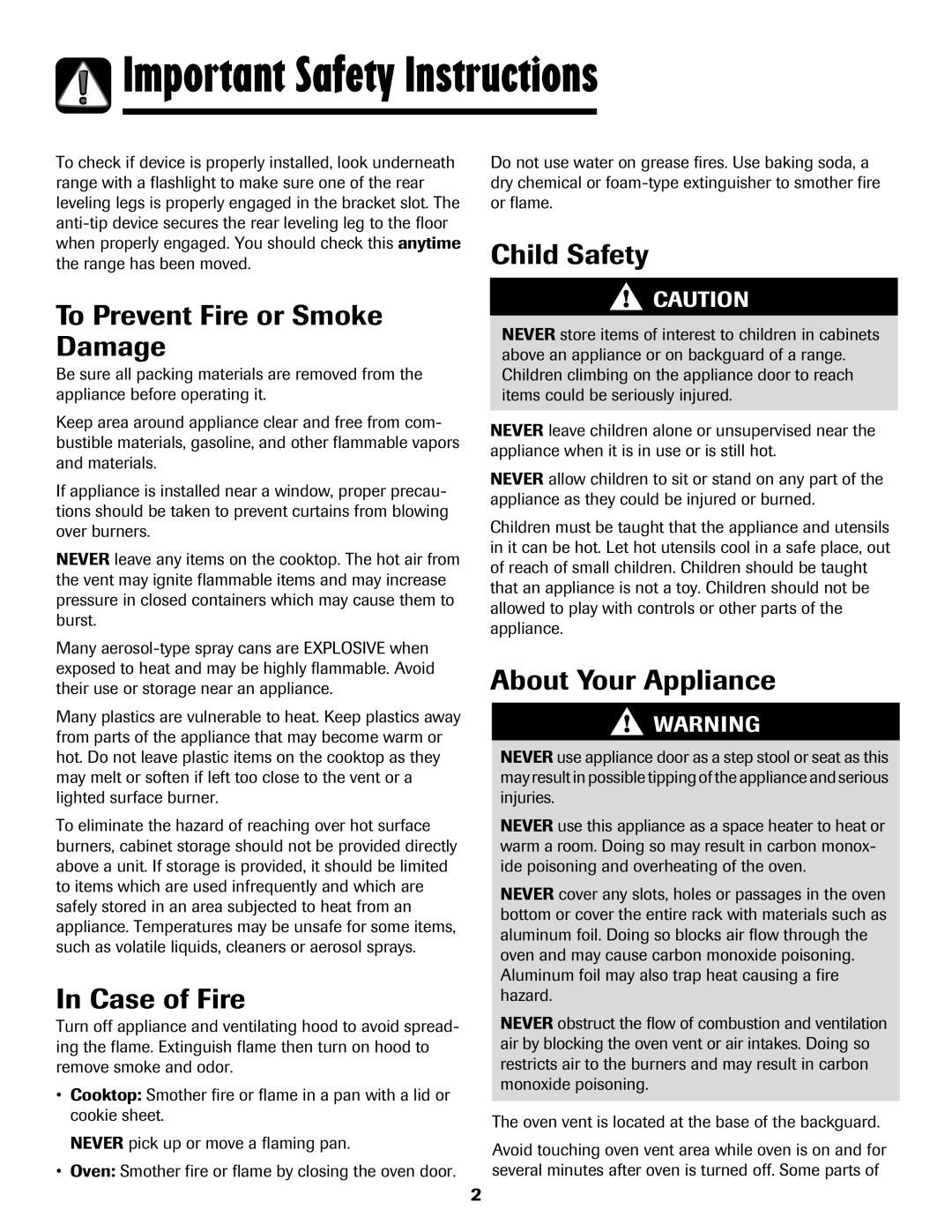 Maytag 700 manual Important Safety Instructions, To Prevent Fire or Smoke Damage, In Case of Fire, Child Safety 