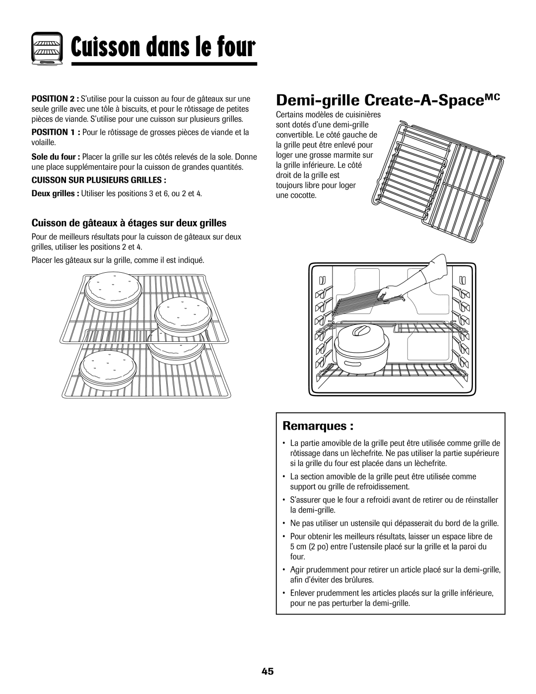 Maytag 700 Demi-grille Create-A-SpaceMC, Cuisson de gâteaux à étages sur deux grilles, Cuisson dans le four, Remarques 