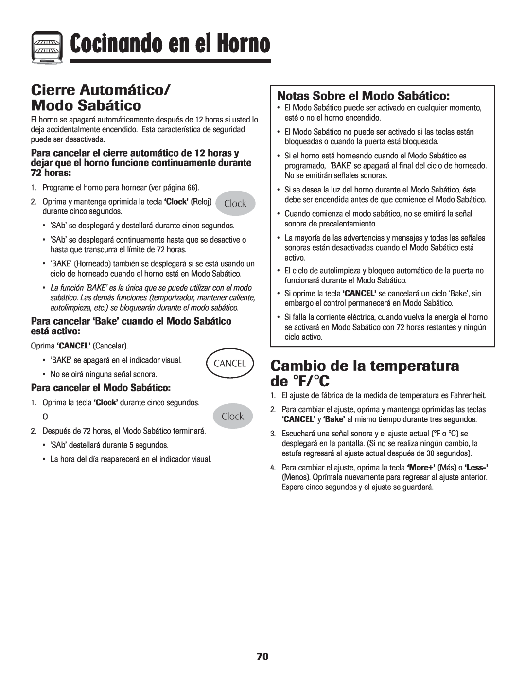 Maytag 700 manual Cierre Automático Modo Sabático, Cambio de la temperatura de F/C, Notas Sobre el Modo Sabático, horas 