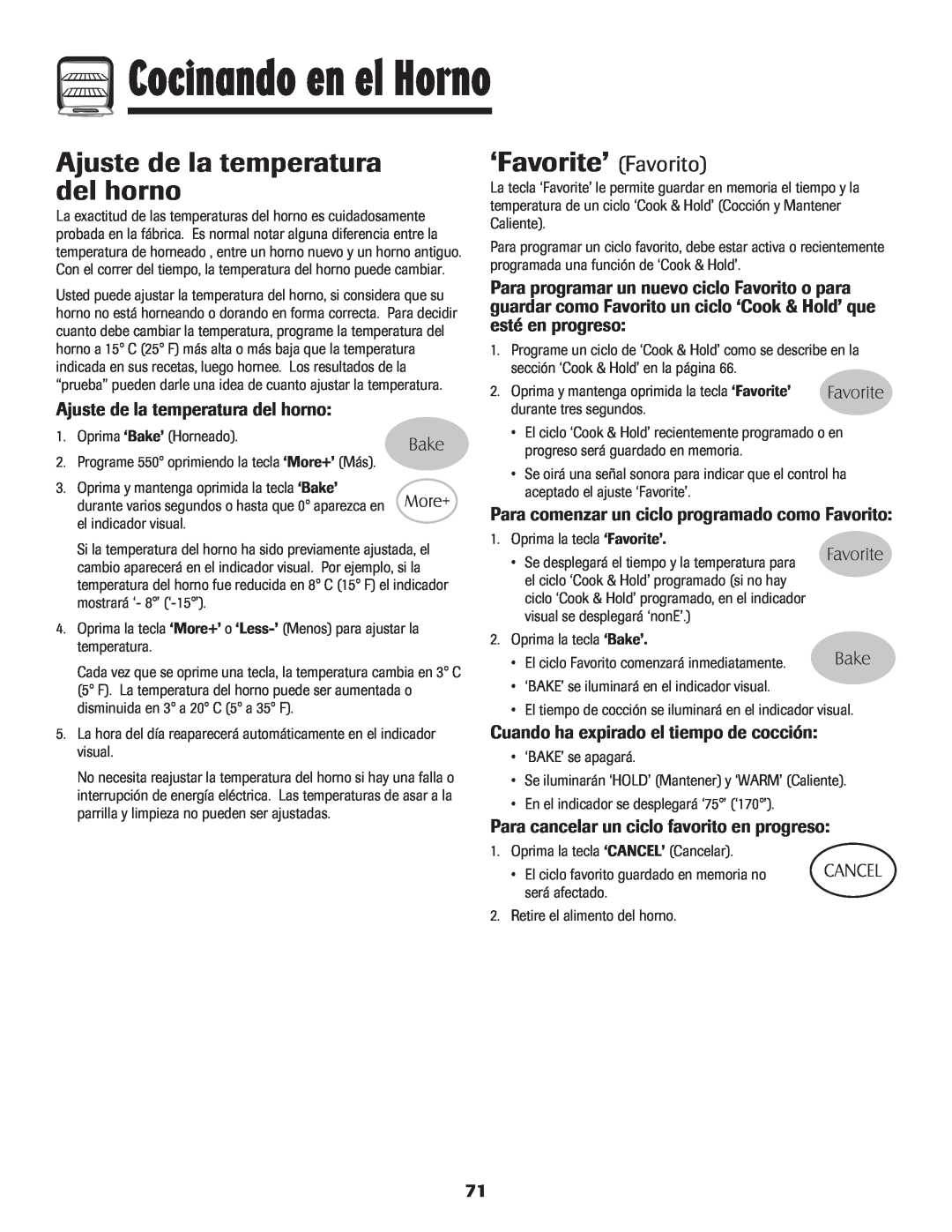 Maytag 700 manual Ajuste de la temperatura del horno, ‘Favorite’ Favorito, Para comenzar un ciclo programado como Favorito 