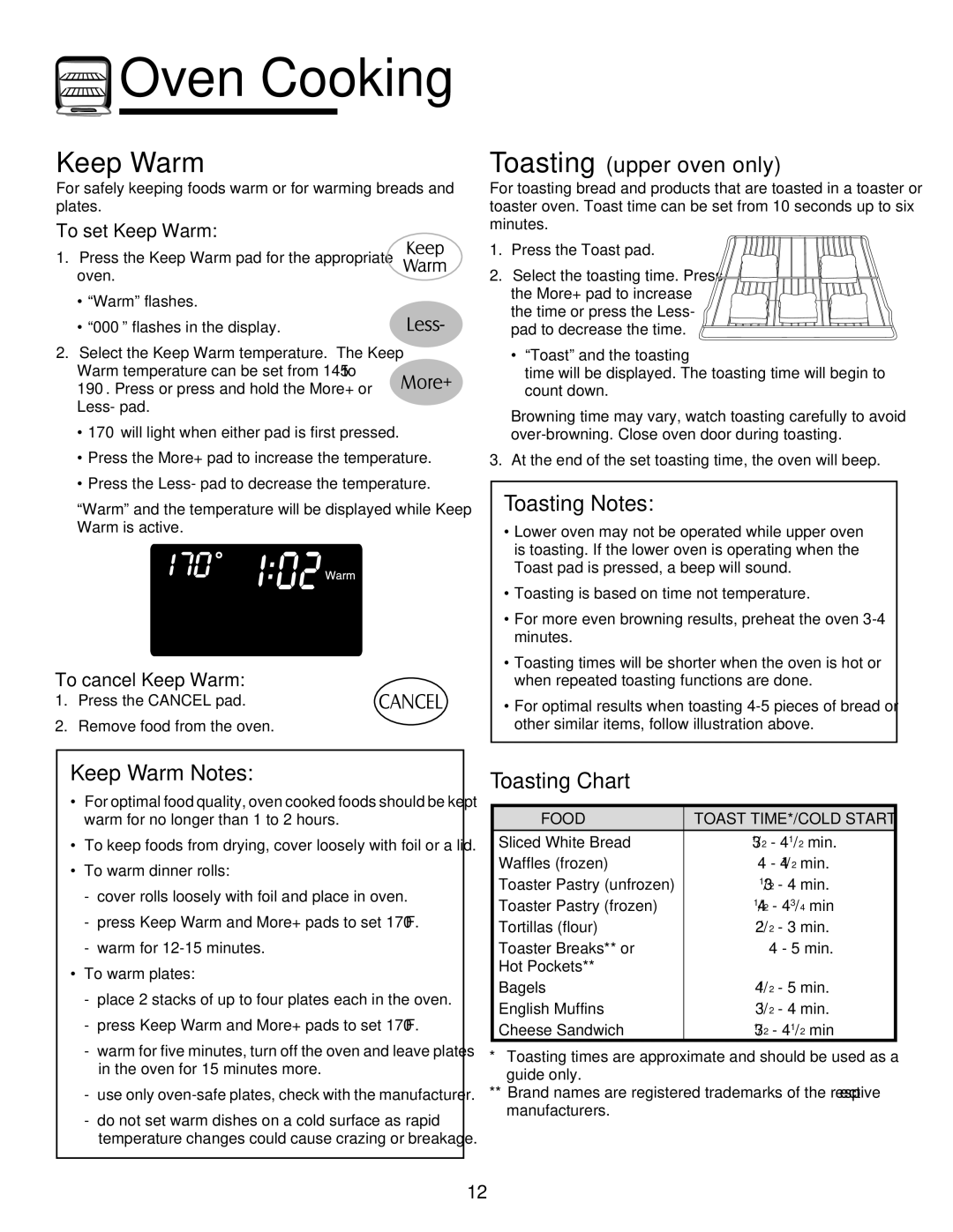 Maytag 750 warranty Toasting upper oven only, Toasting Notes, Keep Warm Notes, Toasting Chart 