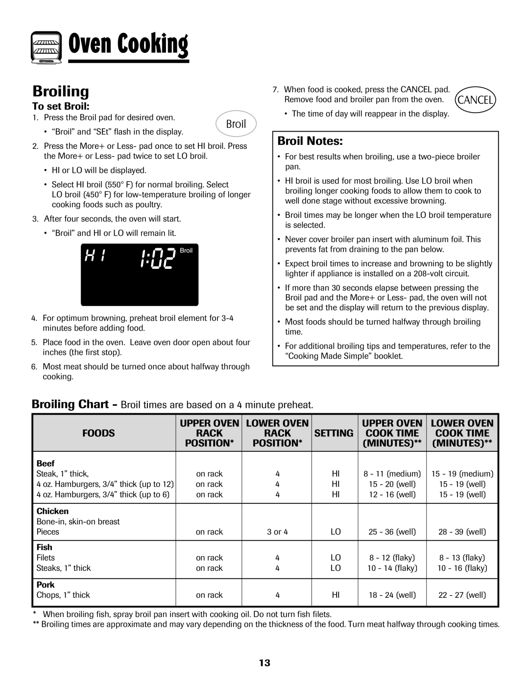 Maytag 750 warranty Broil Notes, To set Broil, Broiling Chart Broil times are based on a 4 minute preheat 