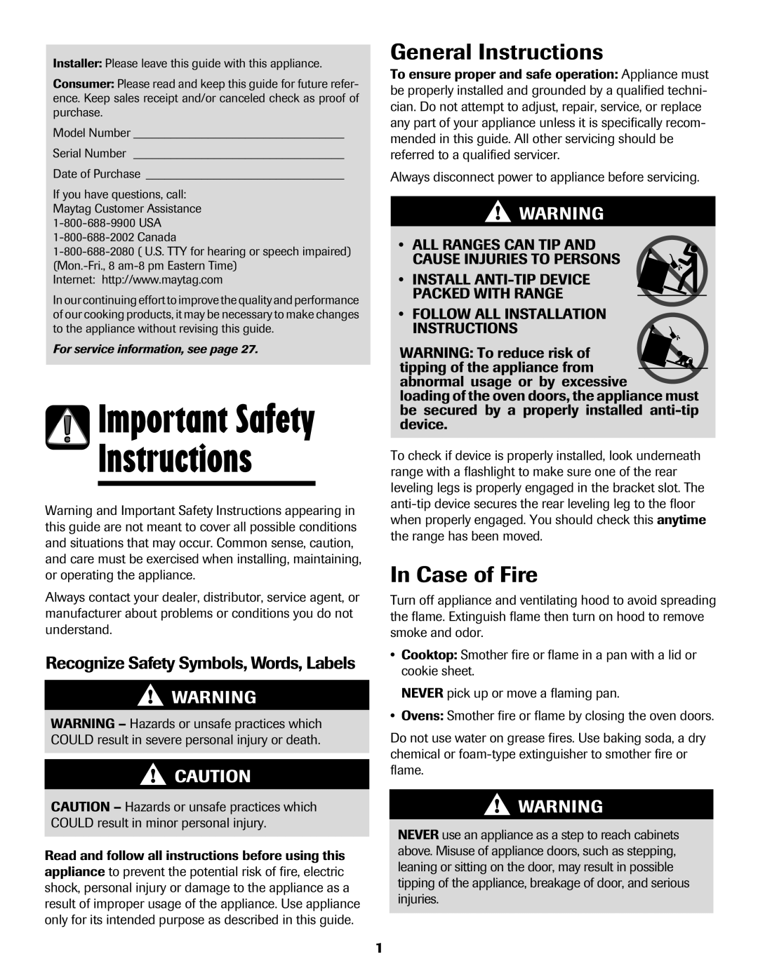 Maytag 750 warranty General Instructions, Case of Fire, Recognize Safety Symbols, Words, Labels, Canada 