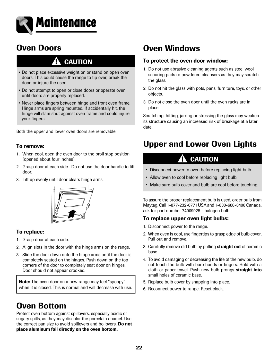 Maytag 750 warranty Maintenance, Oven Windows, Upper and Lower Oven Lights 