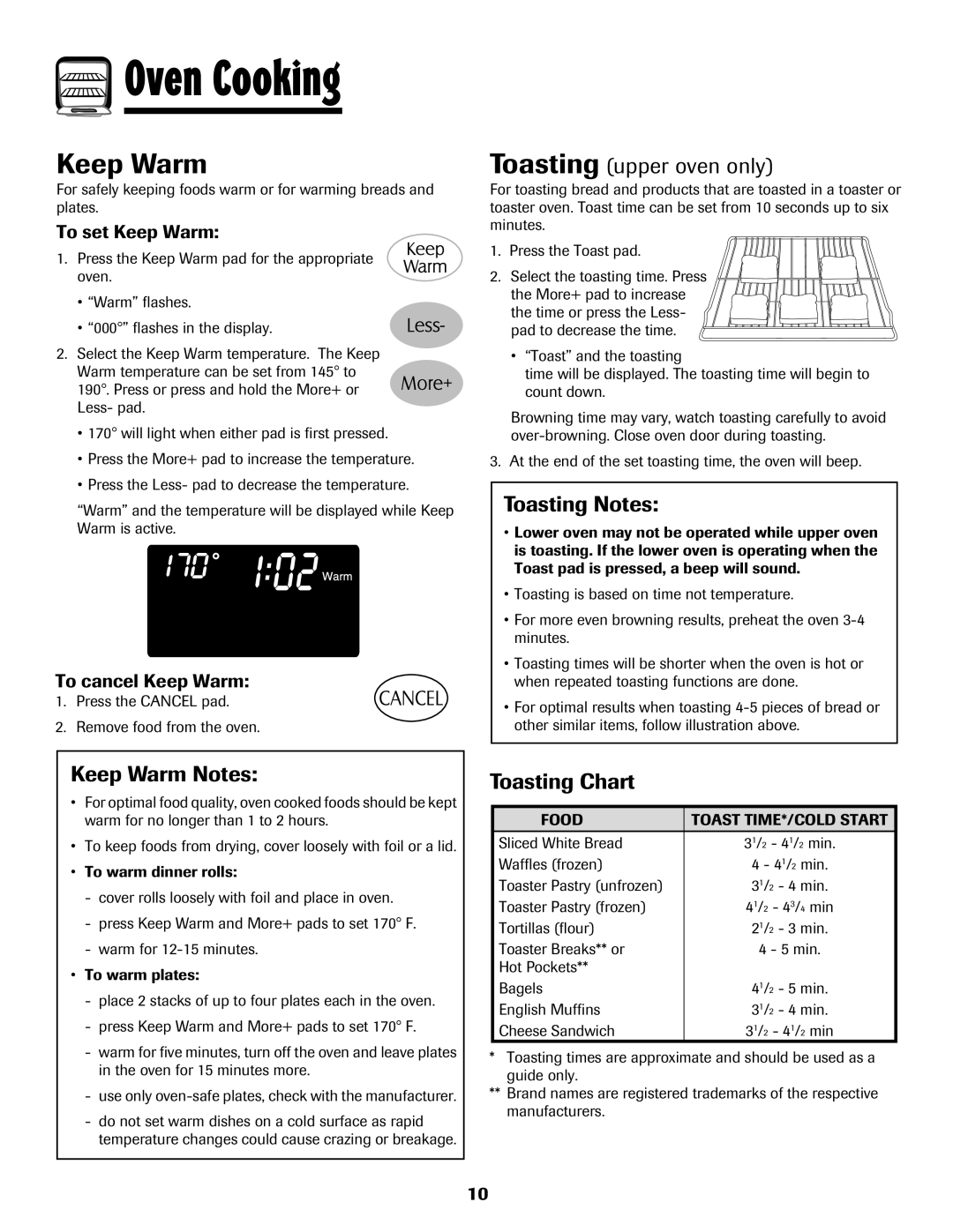 Maytag 750 warranty Toasting upper oven only, Toasting Notes, Keep Warm Notes, Toasting Chart 