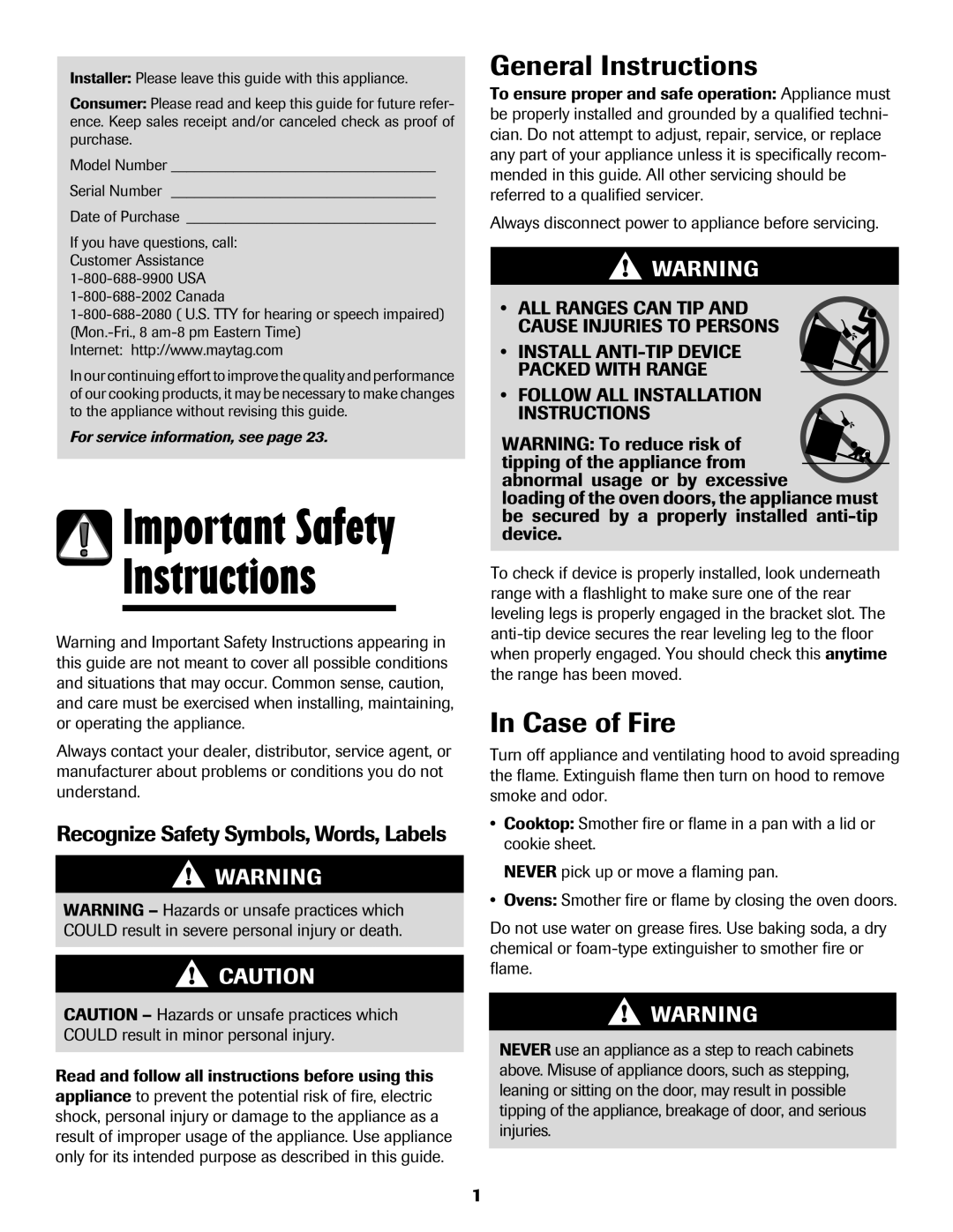 Maytag 750 warranty General Instructions, Case of Fire, Recognize Safety Symbols, Words, Labels, Canada 