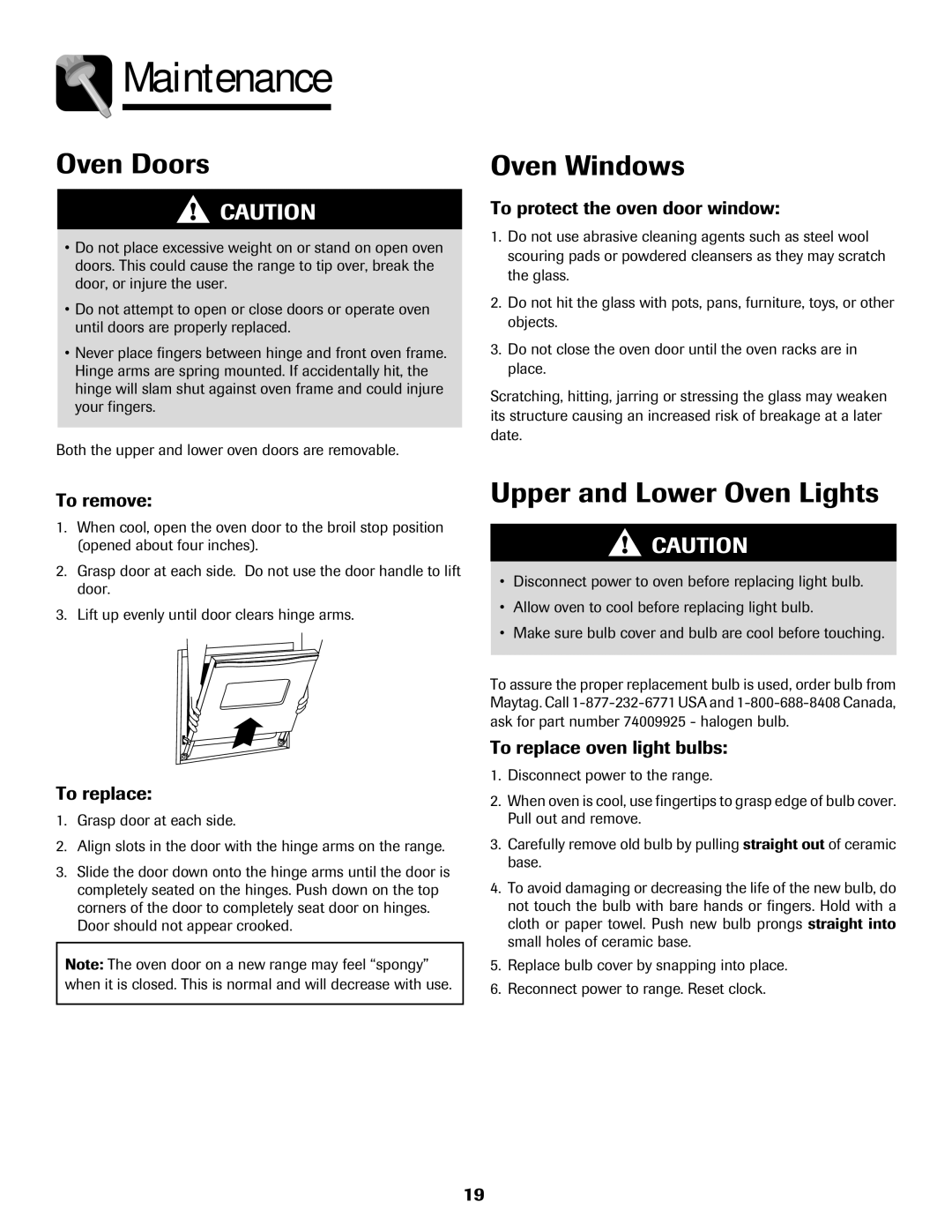 Maytag 750 warranty Maintenance, Oven Windows, Upper and Lower Oven Lights 