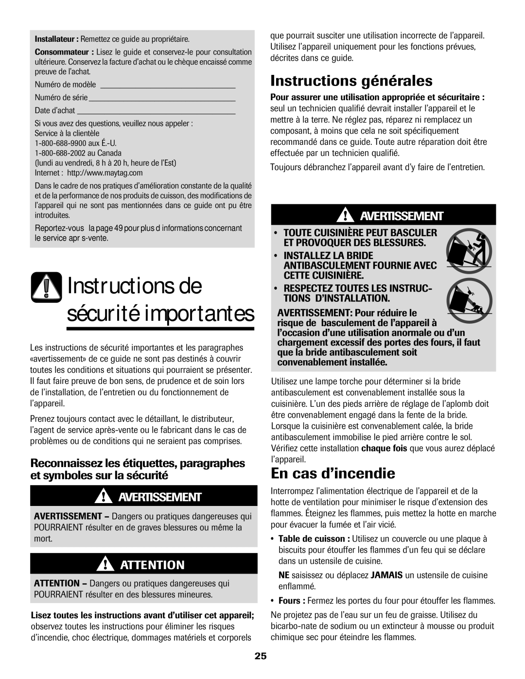 Maytag 750 warranty Instructions générales, En cas d’incendie 