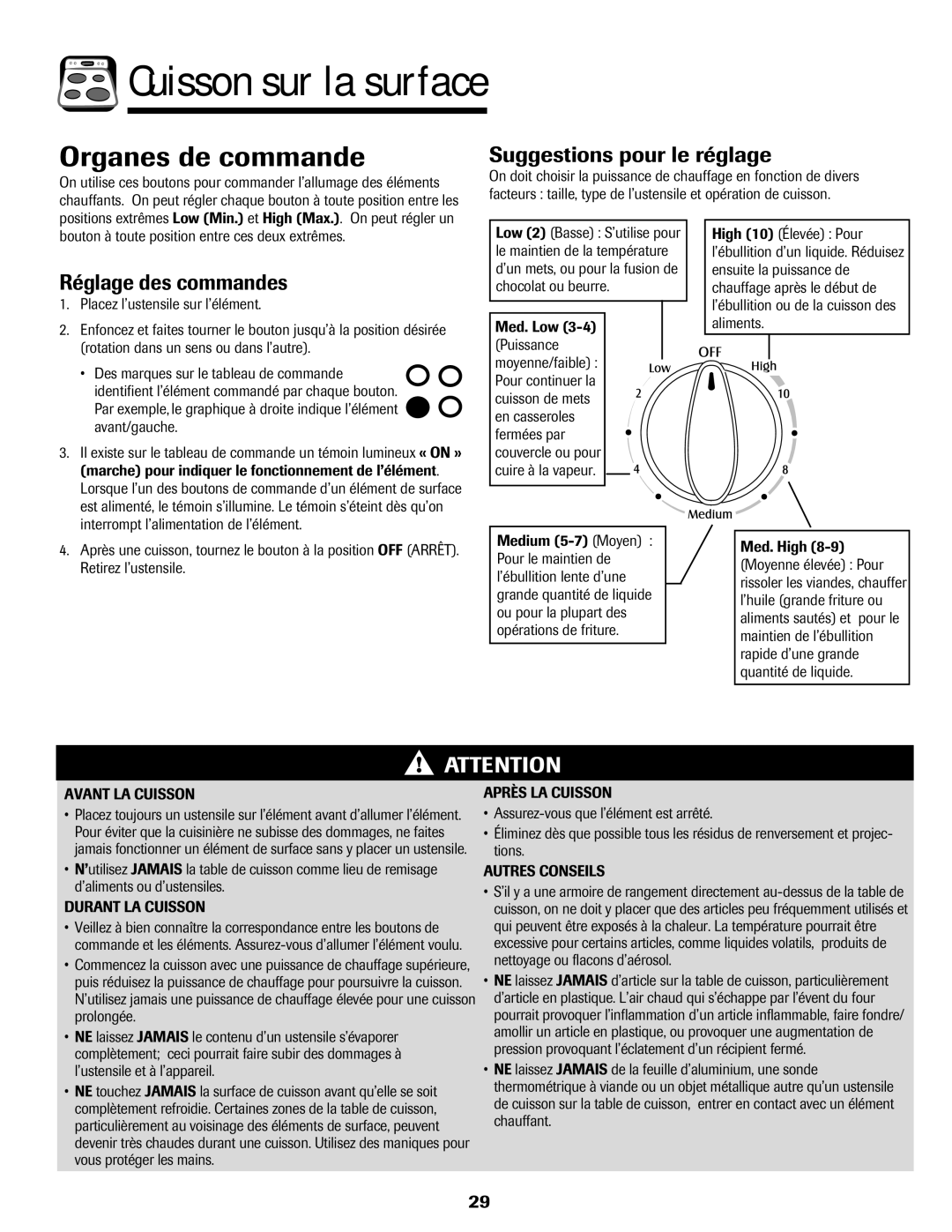 Maytag 750 warranty Cuisson sur la surface, Organes de commande, Suggestions pour le réglage, Réglage des commandes 