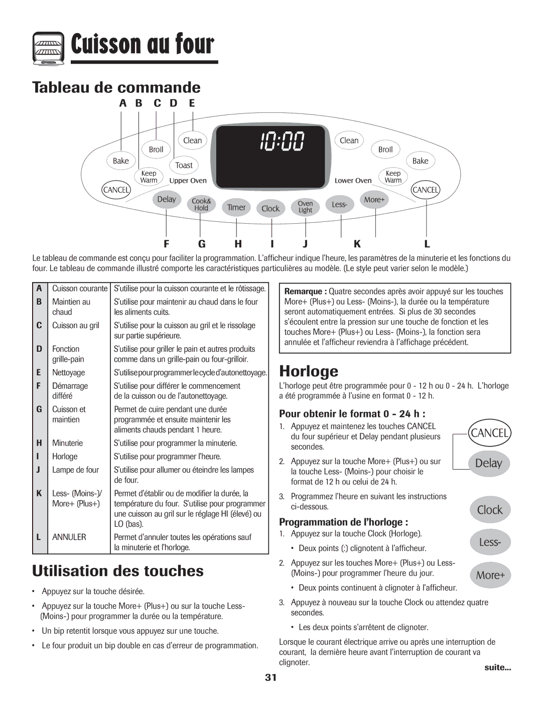 Maytag 750 warranty Cuisson au four, Tableau de commande, Utilisation des touches, Horloge 