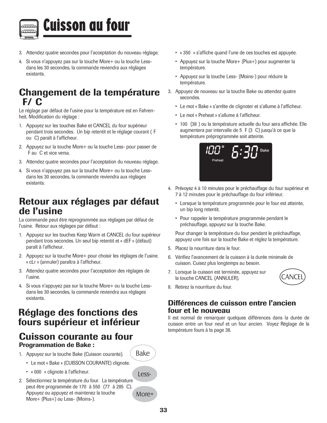 Maytag 750 warranty Changement de la température F/C, Retour aux réglages par défaut de l’usine, Programmation de Bake 