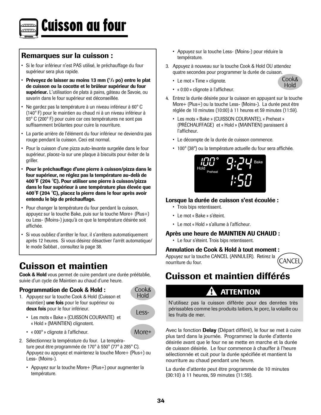 Maytag 750 warranty Cuisson et maintien différés, Remarques sur la cuisson 