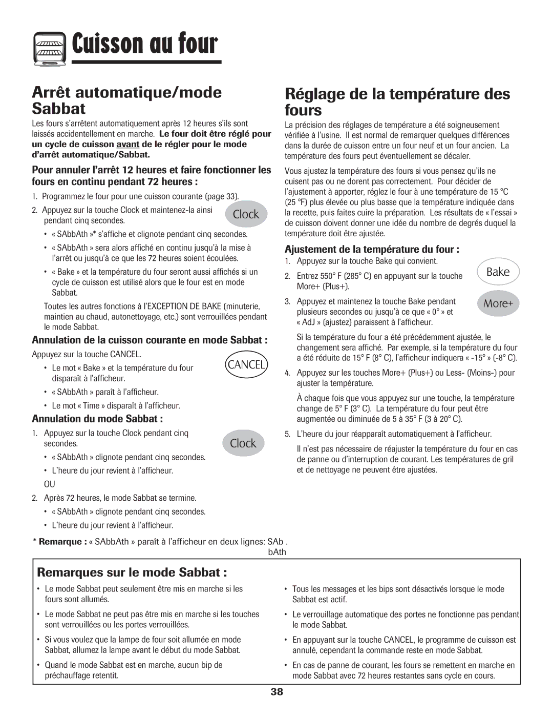 Maytag 750 warranty Arrêt automatique/mode Sabbat, Réglage de la température des fours, Remarques sur le mode Sabbat 