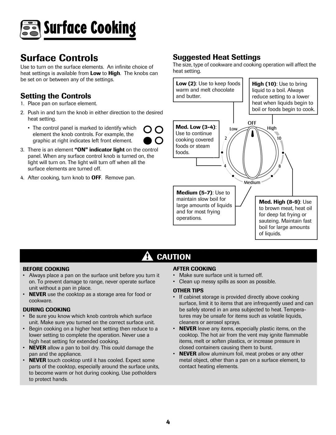 Maytag 750 warranty Surface Controls, Suggested Heat Settings, Setting the Controls 