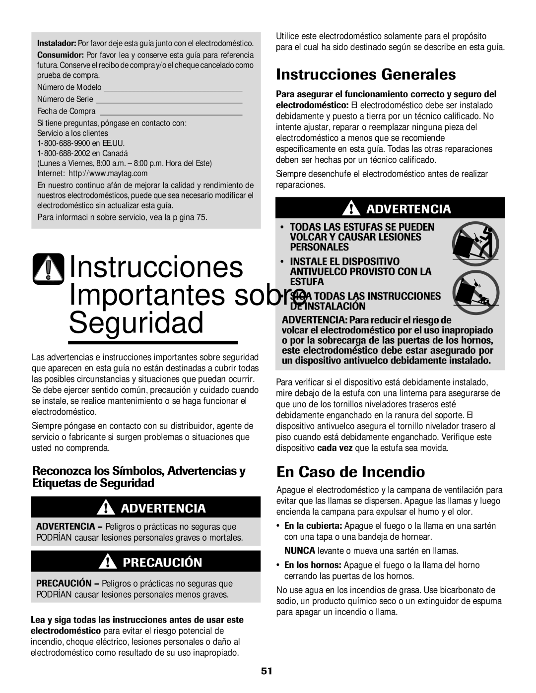 Maytag 750 warranty Seguridad, Instrucciones Generales, En Caso de Incendio, Estufa 