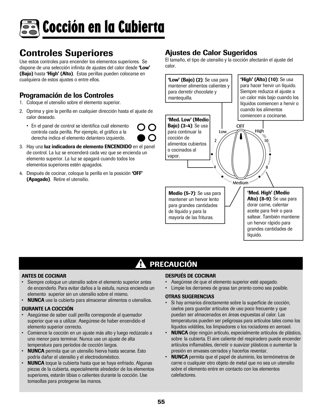 Maytag 750 warranty Cocción en la Cubierta, Controles Superiores, Ajustes de Calor Sugeridos, Programación de los Controles 