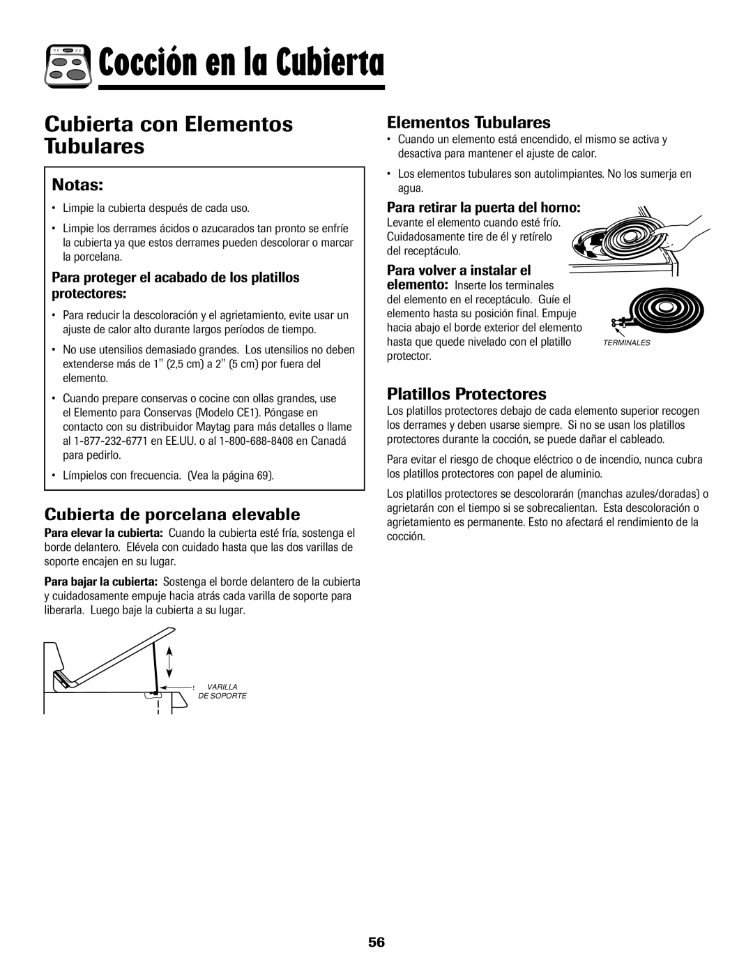 Maytag 750 warranty Cubierta con Elementos Tubulares, Notas, Cubierta de porcelana elevable, Platillos Protectores 