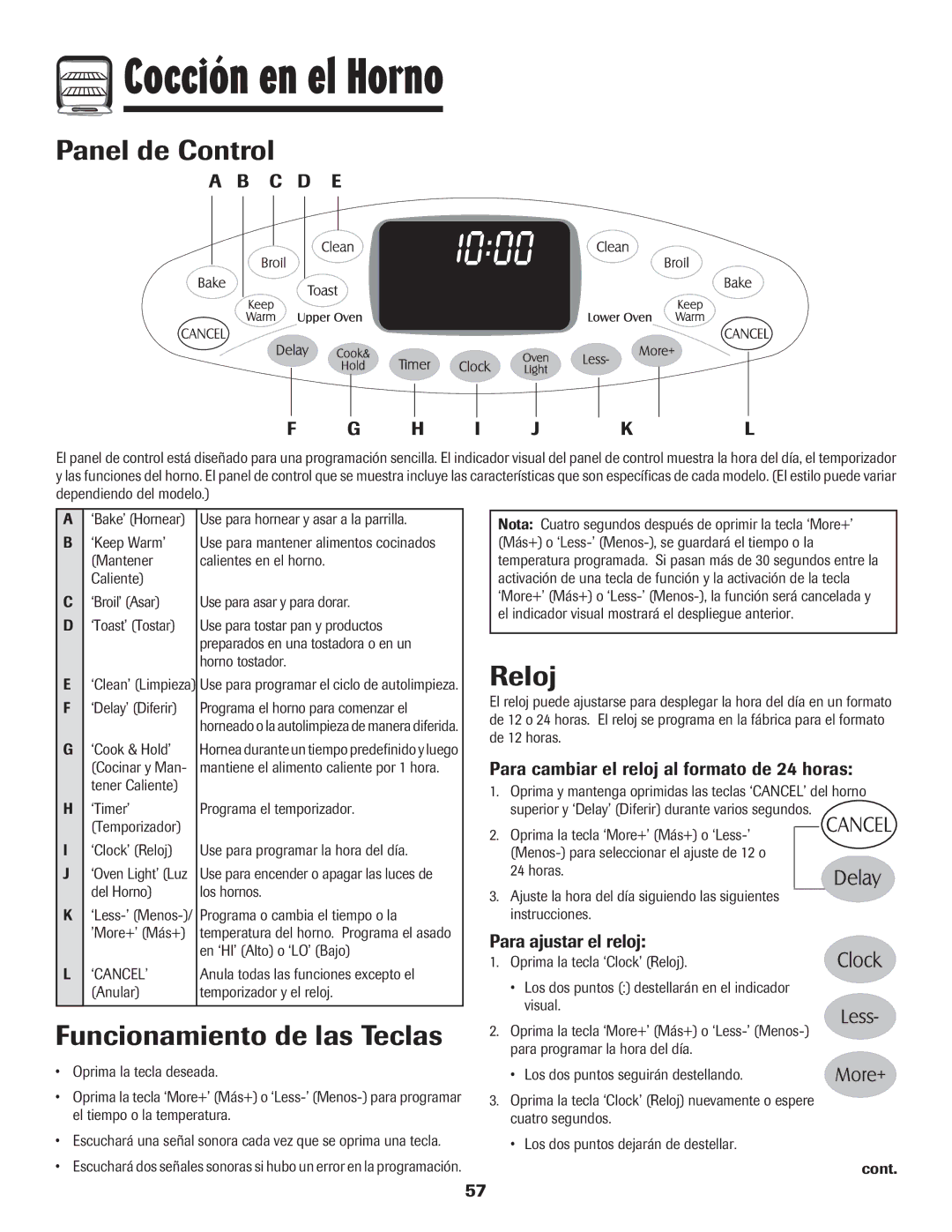 Maytag 750 warranty Cocción en el Horno, Panel de Control, Funcionamiento de las Teclas, Reloj 