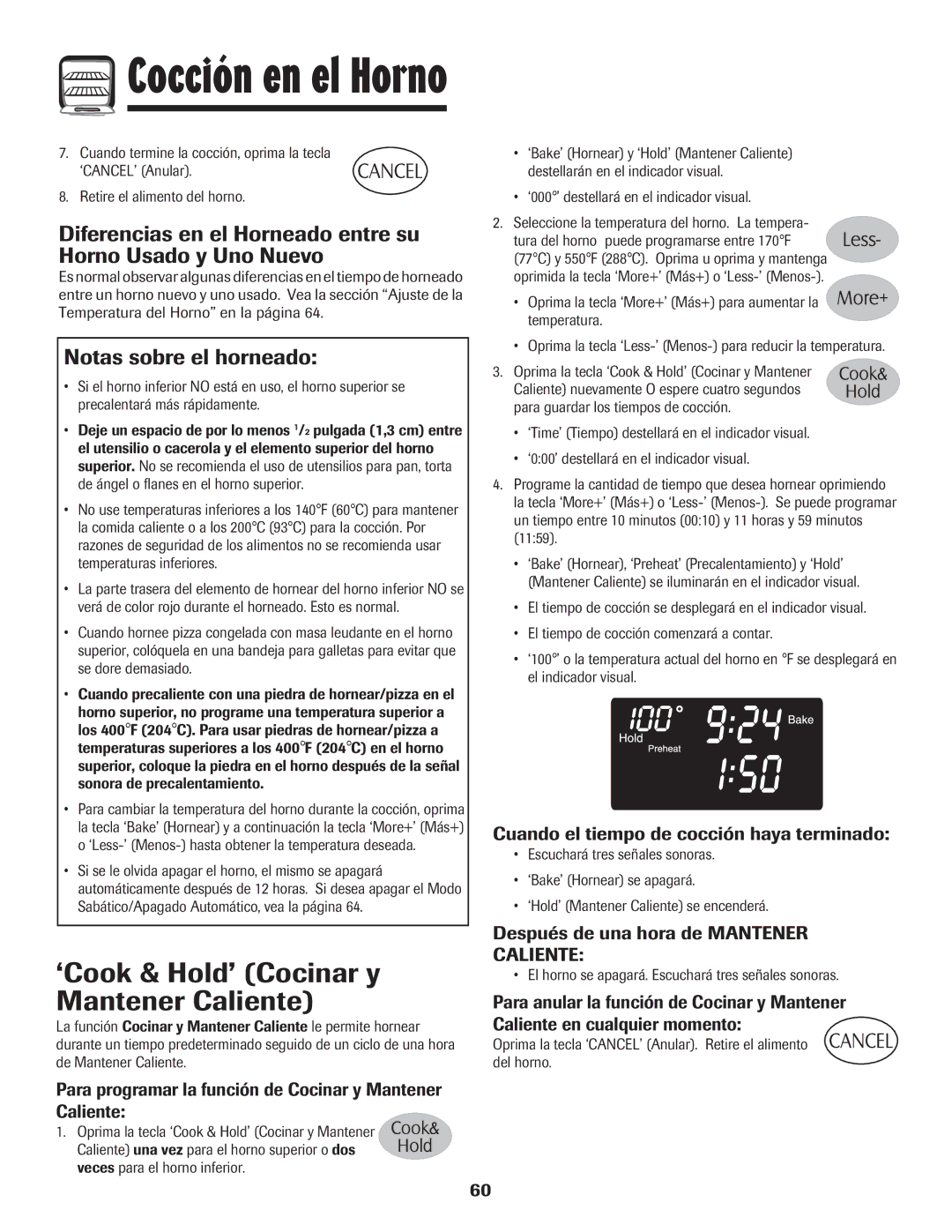 Maytag 750 warranty ‘Cook & Hold’ Cocinar y Mantener Caliente, Diferencias en el Horneado entre su Horno Usado y Uno Nuevo 