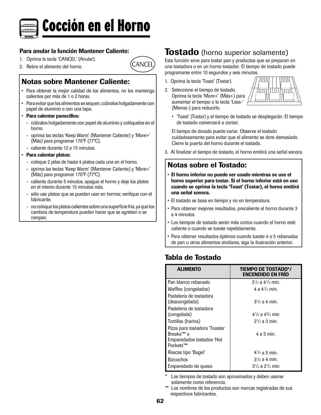 Maytag 750 Notas sobre Mantener Caliente, Tostado horno superior solamente, Notas sobre el Tostado, Tabla de Tostado 