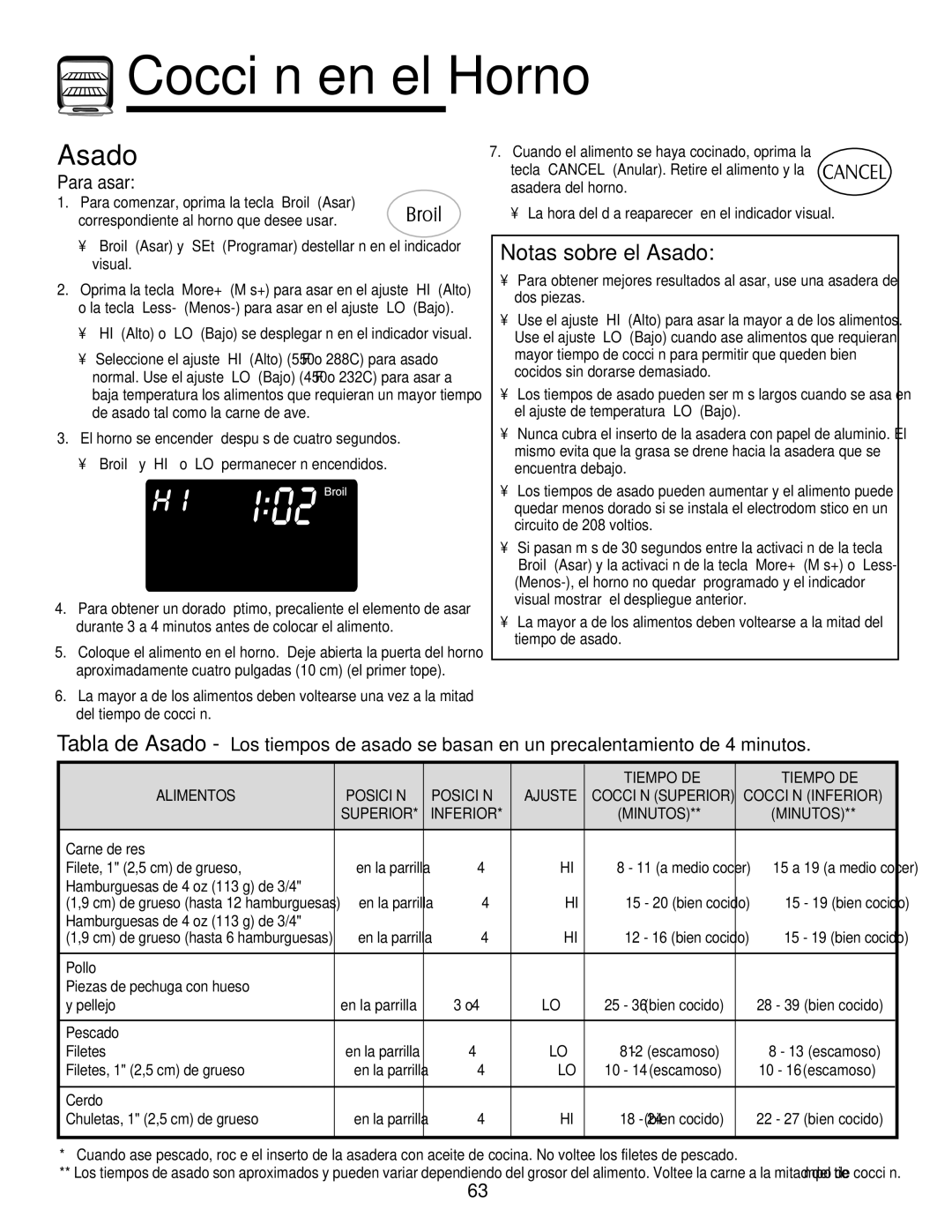 Maytag 750 warranty Notas sobre el Asado, Para asar, Tiempo DE Alimentos 