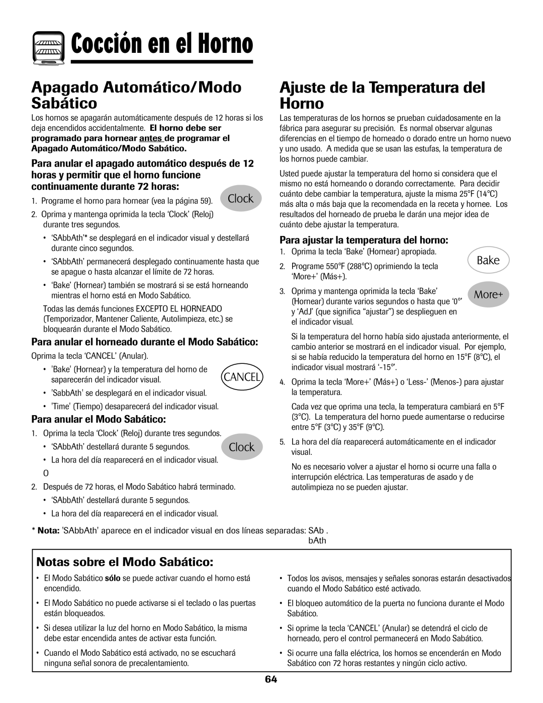 Maytag 750 warranty Apagado Automático/Modo Sabático, Ajuste de la Temperatura del Horno, Notas sobre el Modo Sabático 