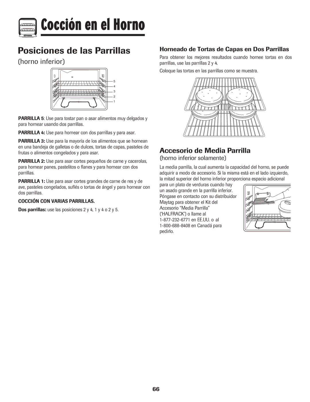 Maytag 750 warranty Posiciones de las Parrillas, Horno inferior, Horneado de Tortas de Capas en Dos Parrillas 