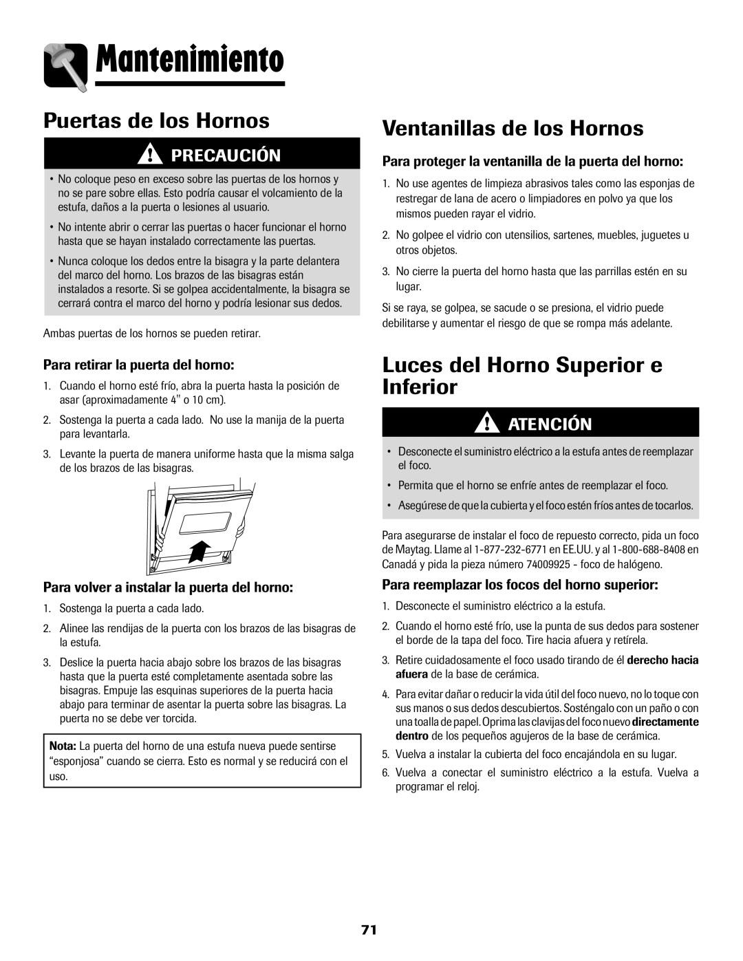 Maytag 750 warranty Mantenimiento, Puertas de los Hornos, Ventanillas de los Hornos, Luces del Horno Superior e Inferior 