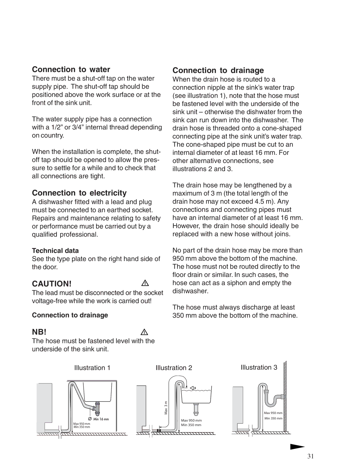 Maytag 760S manual Connection to water, Connection to electricity, Connection to drainage, Technical data 