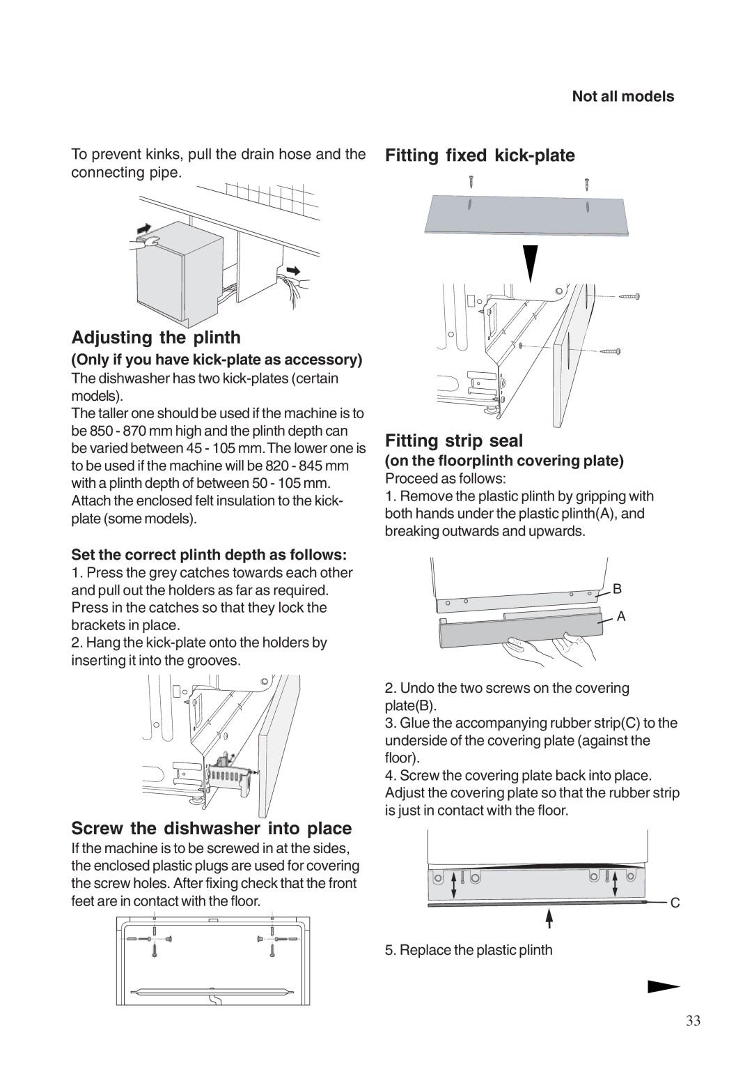 Maytag 760S manual Adjusting the plinth, Fitting fixed kick-plate Fitting strip seal, Screw the dishwasher into place 