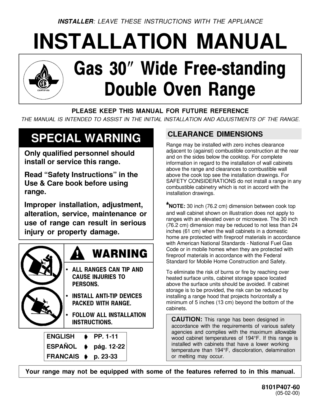 Maytag 8101P407-60 installation manual Clearance Dimensions, Pág 