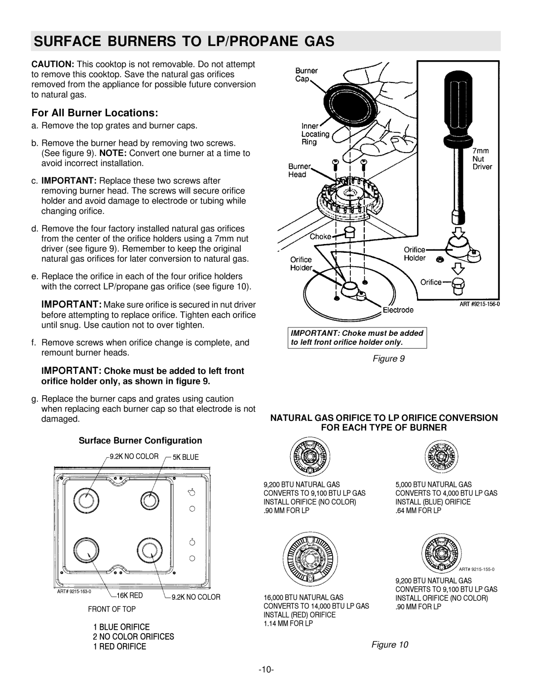 Maytag 8101P407-60 installation manual Surface Burners to LP/PROPANE GAS, For All Burner Locations 