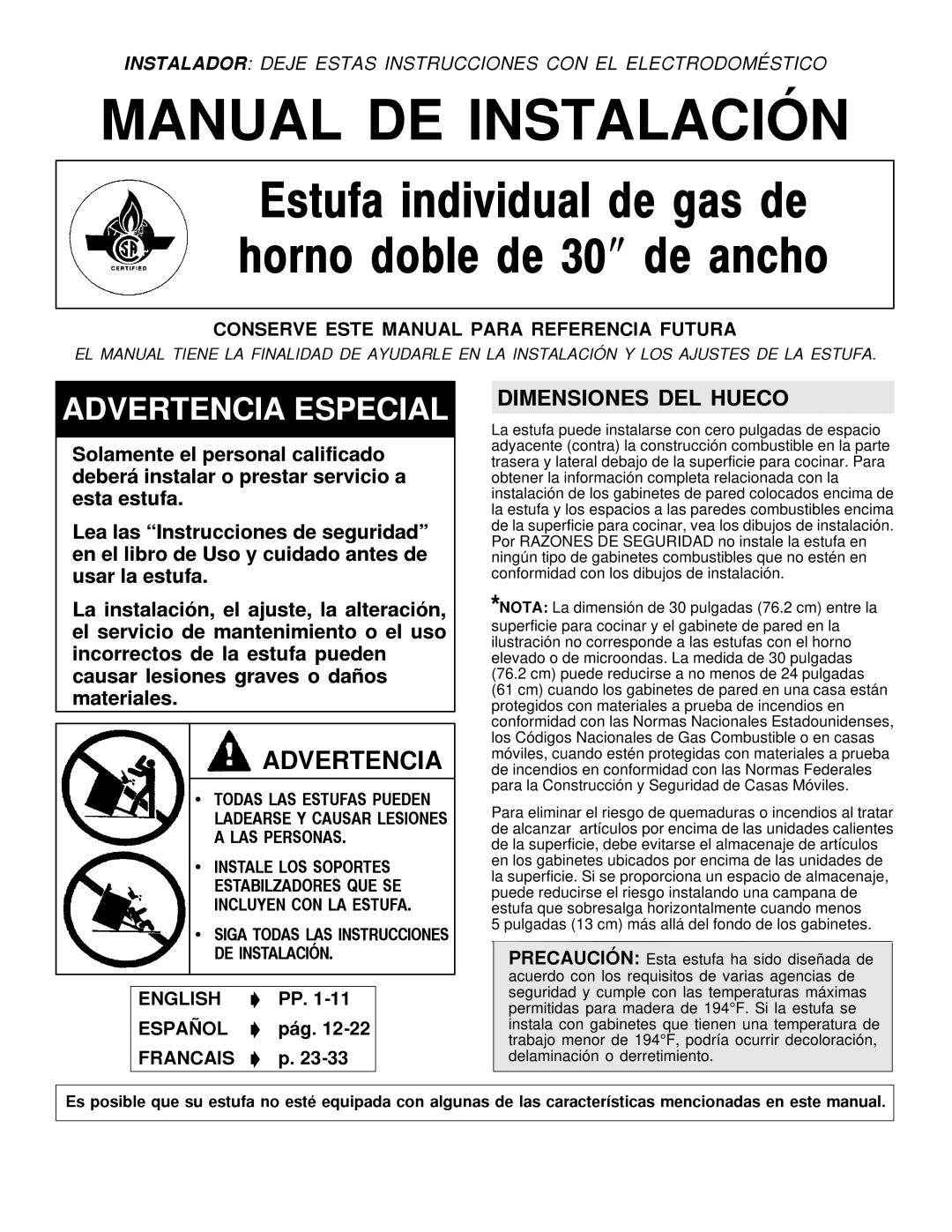 Maytag 8101P407-60 installation manual Advertencia, Dimensiones DEL Hueco, English PP Español pág Francais p 