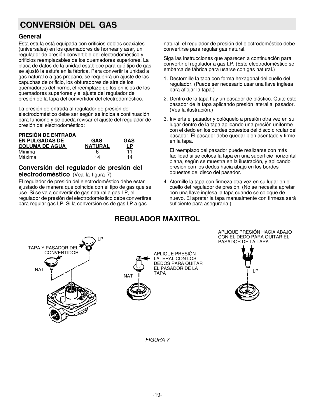 Maytag 8101P407-60 installation manual Conversión DEL GAS, Regulador Maxitrol 