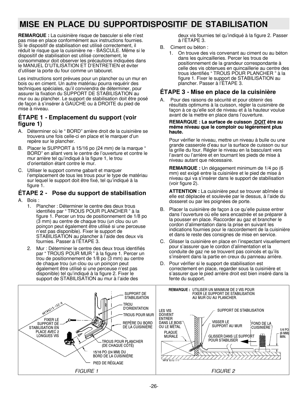 Maytag 8101P407-60 Mise EN Place DU Supportdispositif DE Stabilisation, Étape 1 Emplacement du support voir figure 