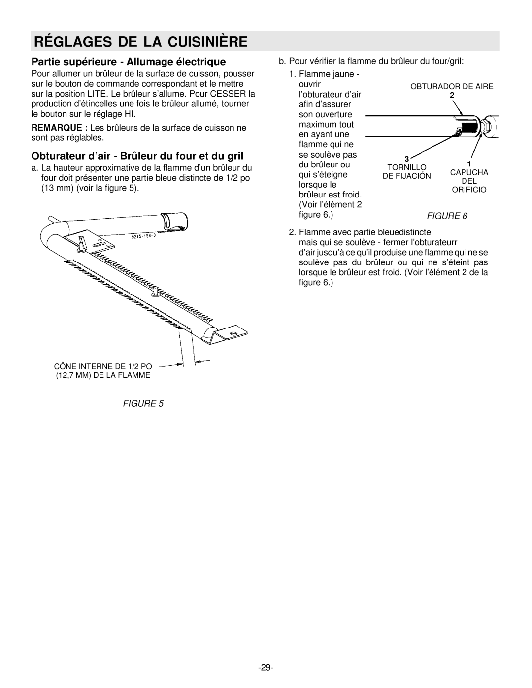 Maytag 8101P407-60 installation manual Réglages DE LA Cuisinière, Partie supérieure Allumage électrique 