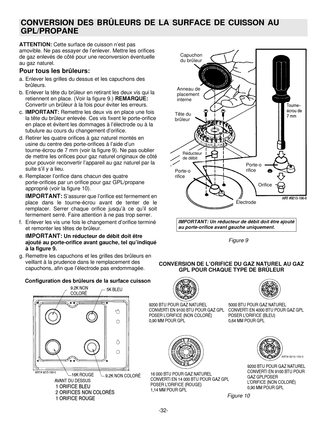 Maytag 8101P407-60 installation manual Pour tous les brûleurs, Orifice Bleu Orifices NON Colorés Orifice Rouge 