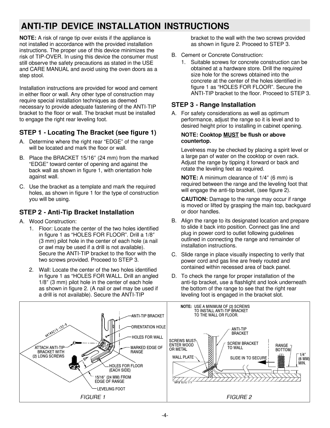 Maytag 8101P407-60 ANTI-TIP Device Installation Instructions, Range Installation, Locating The Bracket see figure 