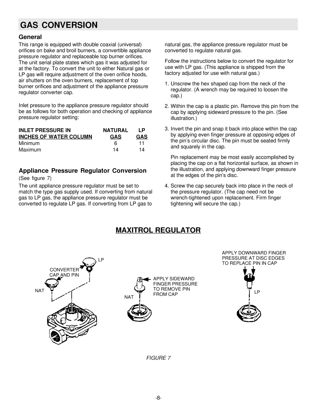 Maytag 8101P407-60 installation manual GAS Conversion, Maxitrol Regulator, General, Appliance Pressure Regulator Conversion 